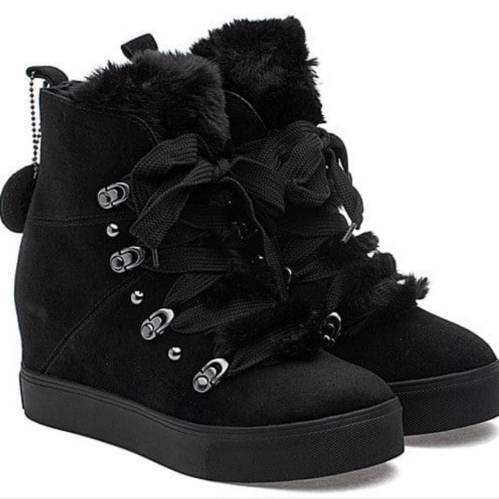 Brand new black suede faux fur trimmed boots with wedge heel